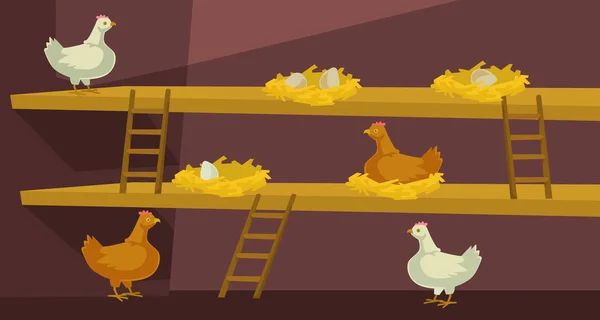 Hühnerstall mit Hühnern. Vektor flache Cartoon-Illustration — Stockvektor