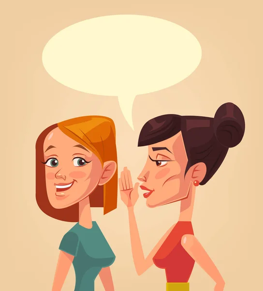 Dos personajes de chicas chismeando. Burbuja del habla. Dos chicas contándose secretos. Vector plano ilustración de dibujos animados — Vector de stock