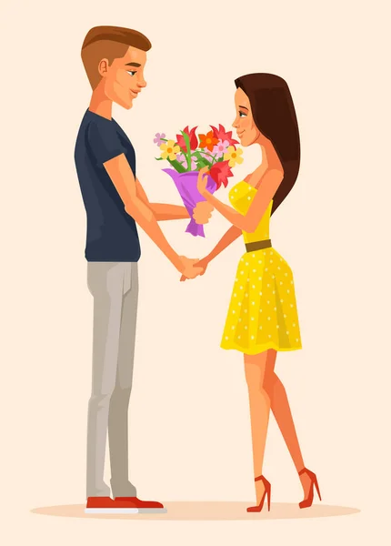 Boy character gives gift bouquet flowers to girl character. First date. Vector flat cartoon illustration — Stock Vector