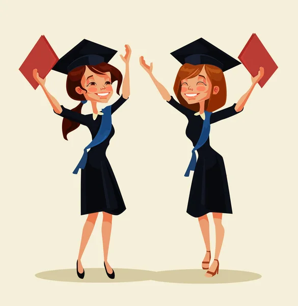 Girl students characters celebrate graduation. Vector flat cartoon illustration — Stock Vector