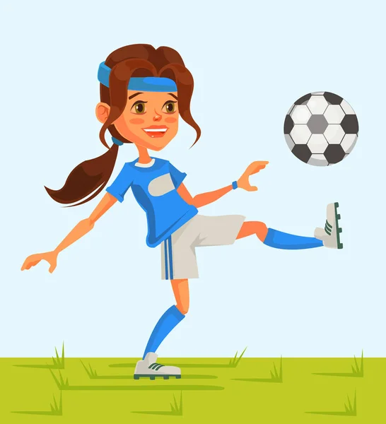 Bambina di calcio personaggio giocare a calcio. illustrazione del fumetto piatto vettoriale — Vettoriale Stock