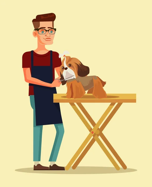Groomer character combs dog character. Vector flat cartoon illustration — Stock Vector