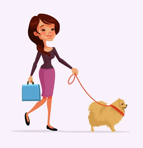 Köpek karakteri ile yürüyen kız karakter. Vektör düz çizgi film illüstrasyon — Stok Vektör