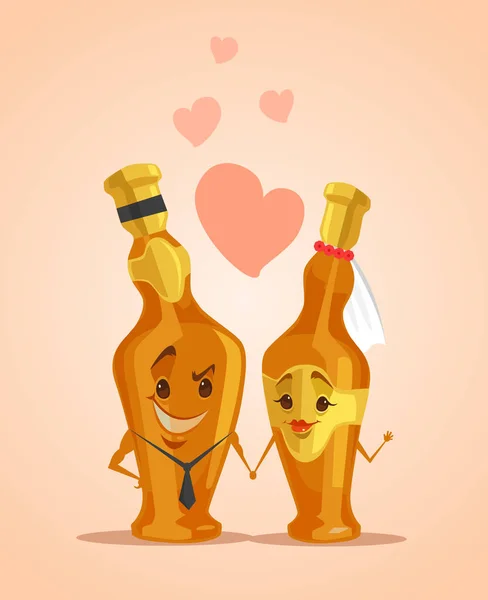 Champagnerflaschen-Figuren im Bräutigam-Brautanzug. Vektor flache Cartoon-Illustration — Stockvektor