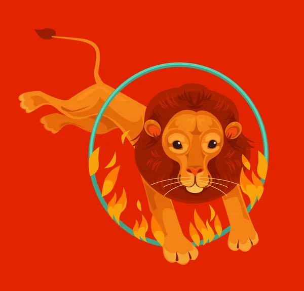 El personaje del león del circo saltando a través del anillo de fuego. Vector plano ilustración de dibujos animados — Archivo Imágenes Vectoriales