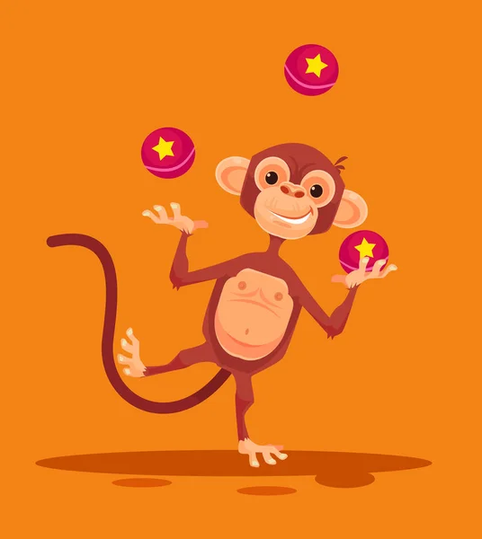 Monkey karaktär jonglering bollar. Flat tecknad vektorillustration — Stock vektor