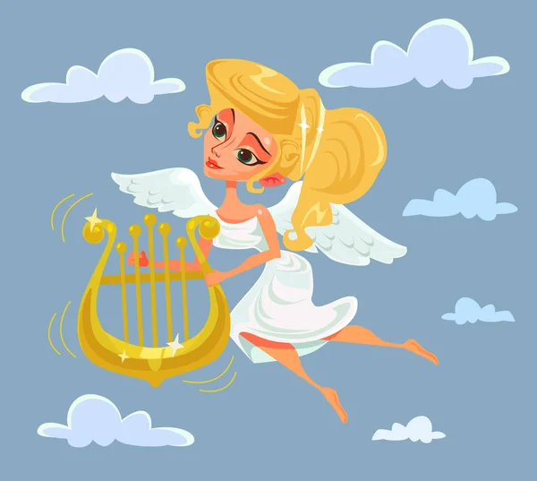 Griekse muze karakter spelen harp. Vectorillustratie platte cartoon — Stockvector