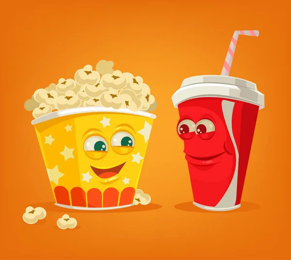 Popcorn and soda characters best friends. Vector flat cartoon illustration — Stock Vector