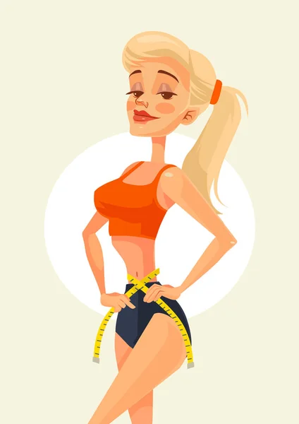 Slim sporty woman character measuring waist. Vector flat cartoon illustration — Stock Vector