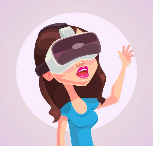 Personaggio donna con occhiali realtà virtuale. illustrazione del fumetto piatto vettoriale — Vettoriale Stock