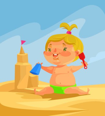 Çocuk karakteri kumdan kaleler geliştirir. Vektör düz çizgi film illüstrasyon