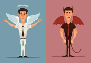 Melek ve şeytan adam karakter. Vektör düz çizgi film illüstrasyon