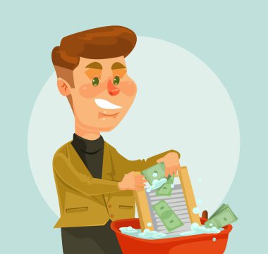 İşadamı hırsız karakter para aklamak. Vektör düz çizgi film illüstrasyon