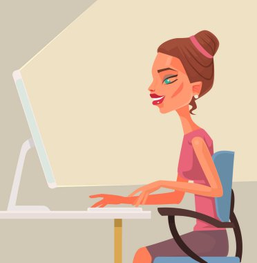 İş kadın Sekreter karakter bilgisayarda yazarak. Vektör düz çizgi film illüstrasyon