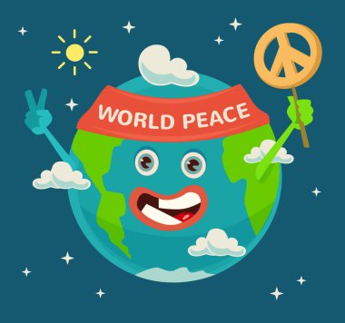 Mutlu Dünya günü. Gezegen karakter. Dünya barışı. Vektör düz çizgi film illüstrasyon