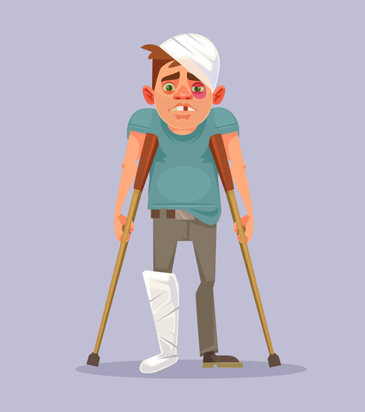 Sad man character with broken leg. Vector flat cartoon illustration