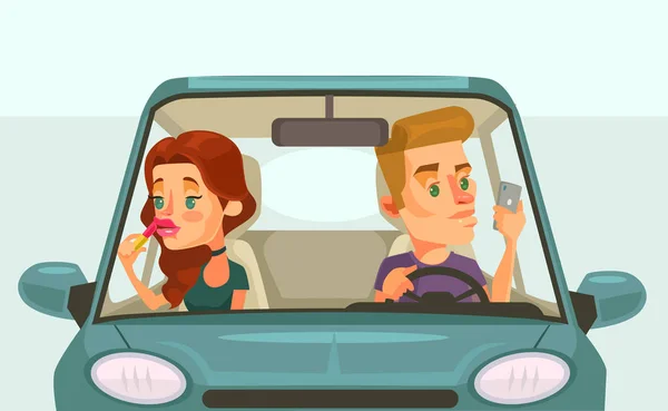 Mobil pasangan mengemudi. Karakter pengemudi yang ceroboh. Ilustrasi kartun datar vektor - Stok Vektor