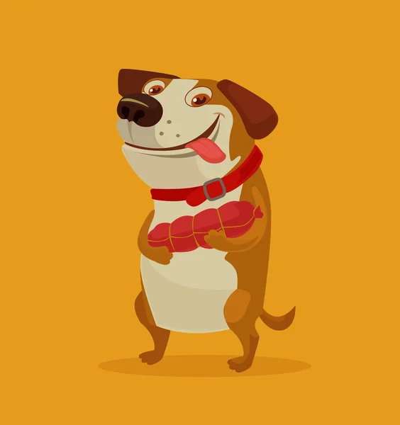 Personagem cão feliz segurar salsicha. Ilustração de desenho animado plano vetorial — Vetor de Stock