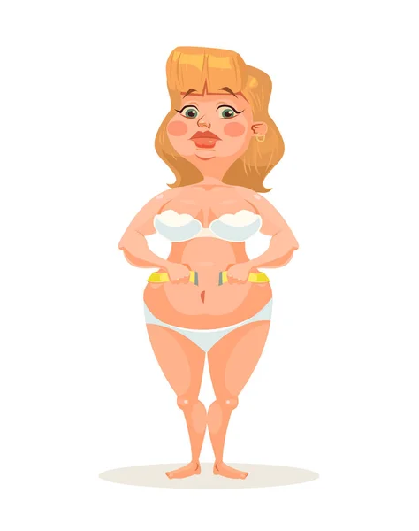 Personaje de mujer gorda midiendo su cintura con cinta adhesiva. Vector plano ilustración de dibujos animados — Archivo Imágenes Vectoriales