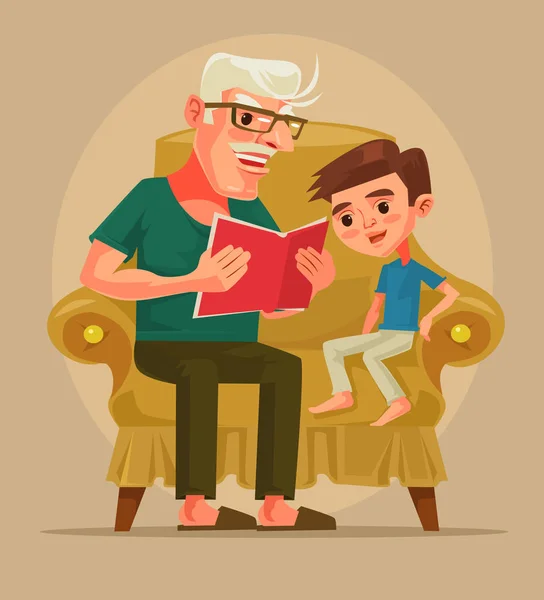 할아버지 캐릭터는 손자와 함께 앉아서 책 이야기를 읽고. 벡터 평면 만화 일러스트 레이 션 — 스톡 벡터