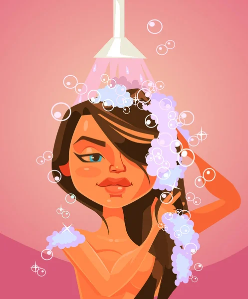 Personaje de mujer duchándose. Vector plano ilustración de dibujos animados — Vector de stock