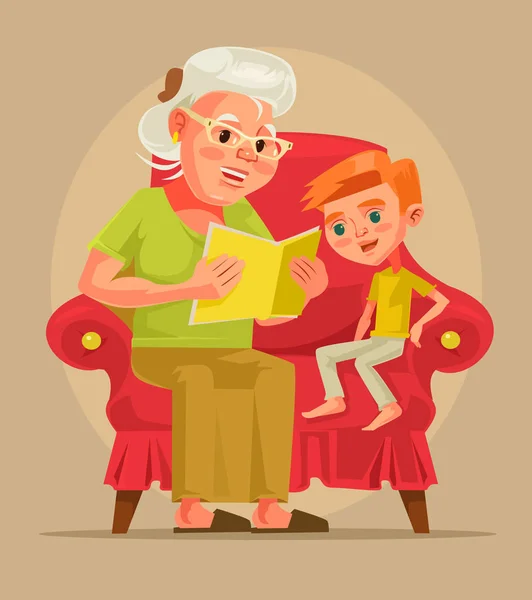 Abuela personaje sentarse con su nieto y leer la historia del libro. Vector plano ilustración de dibujos animados — Vector de stock