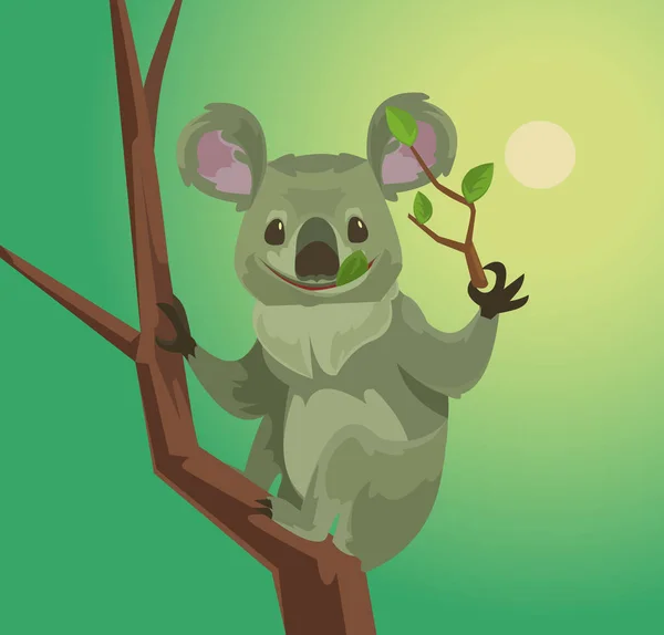 Lindo personaje koala comiendo hojas de eucalipto. Vector plano ilustración de dibujos animados — Archivo Imágenes Vectoriales