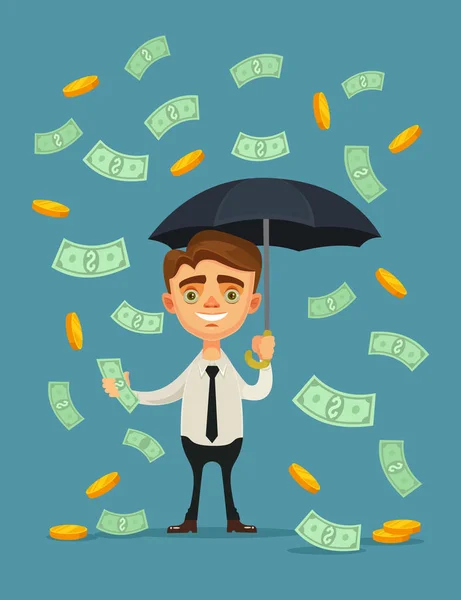 El personaje del oficinista sostiene el paraguas y está bajo la lluvia de dinero. Vector plano ilustración de dibujos animados — Vector de stock