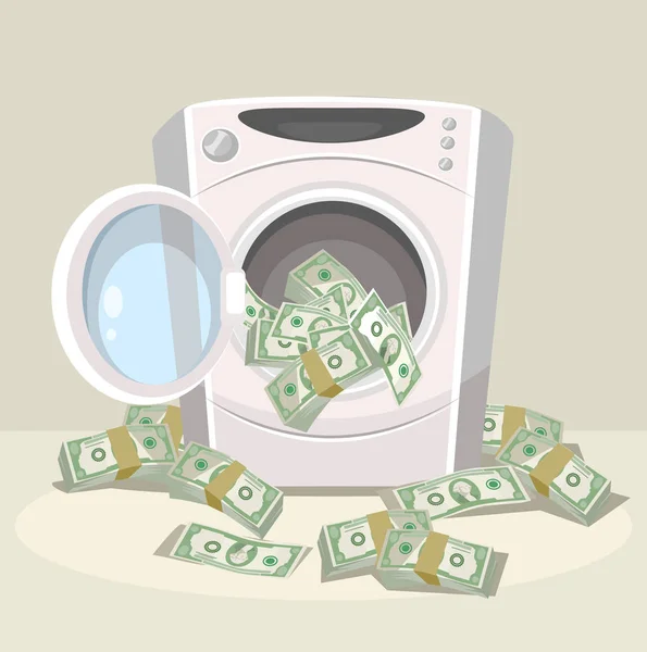 Lavado de dinero en la lavadora. Vector plano ilustración de dibujos animados — Vector de stock