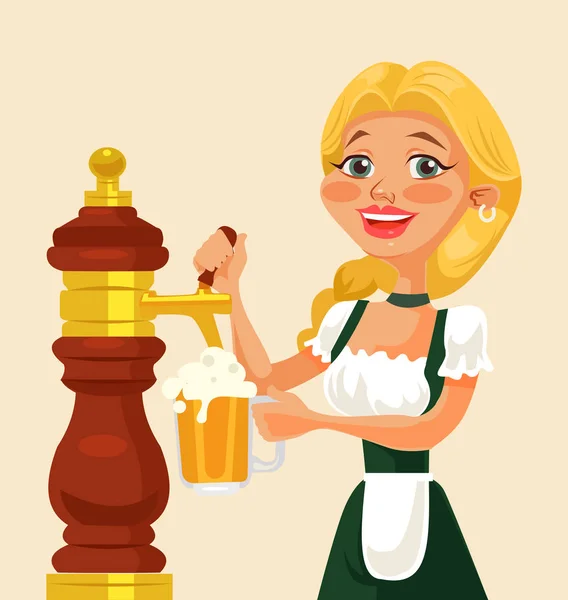 Oktoberfest gadis karakter menuangkan bir. Ilustrasi kartun datar vektor - Stok Vektor