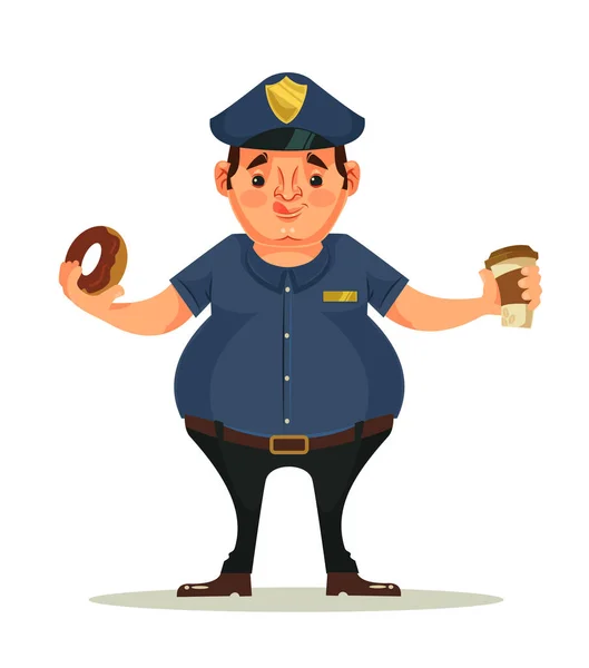 Λίπος αστυνομικού χαρακτήρα τρώει ντόνατς και να πίνετε καφέ. Επίπεδη καρτούν εικονογράφηση φορέα — Διανυσματικό Αρχείο