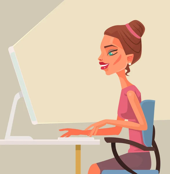 Biznes kobieta sekretarz charakter pisania na komputerze. Wektor ilustracja kreskówka płaskie — Wektor stockowy