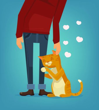 Şirin kedi karakteri onun sahibi sarıl. Vektör düz çizgi film illüstrasyon