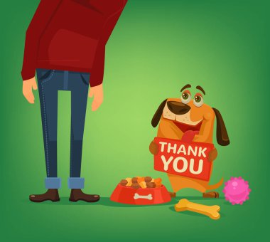 Mutlu köpek karakter sahibi için teşekkür ederiz kelimeler ile plaka tutun. Vektör düz çizgi film illüstrasyon