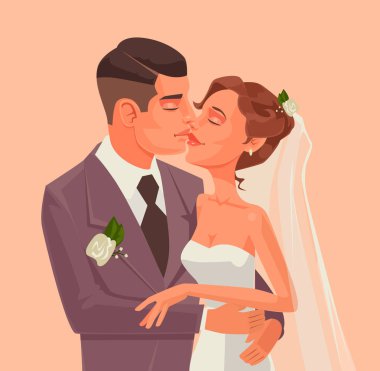 Gelin ve damat karakter kucak ve öpücük. Vektör düz çizgi film illüstrasyon