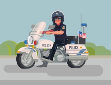 Motosiklet üzerinde oturan polis memuru karakter. Vektör düz çizgi film illüstrasyon