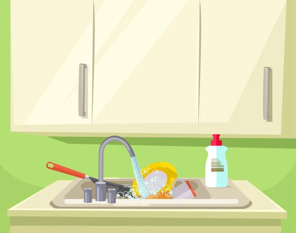 Νεροχύτη γεμάτο από βρώμικα πιάτα. Επίπεδη καρτούν εικονογράφηση φορέα — Διανυσματικό Αρχείο
