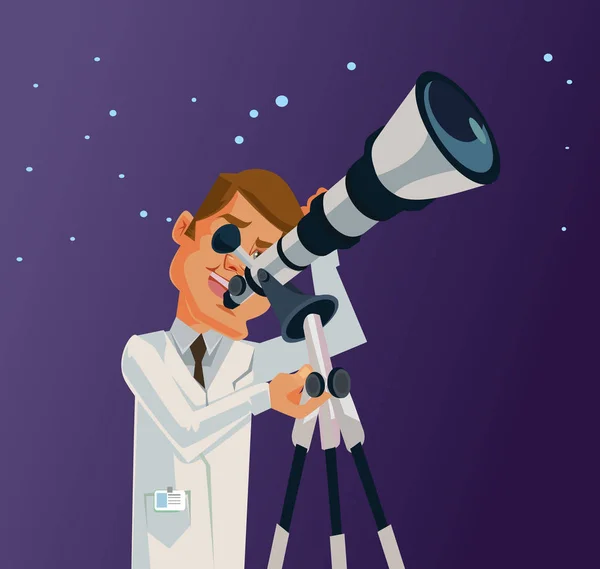 Scientist character looking through telescope at the universe galaxy stars. Vector flat cartoon illustration — Stock Vector