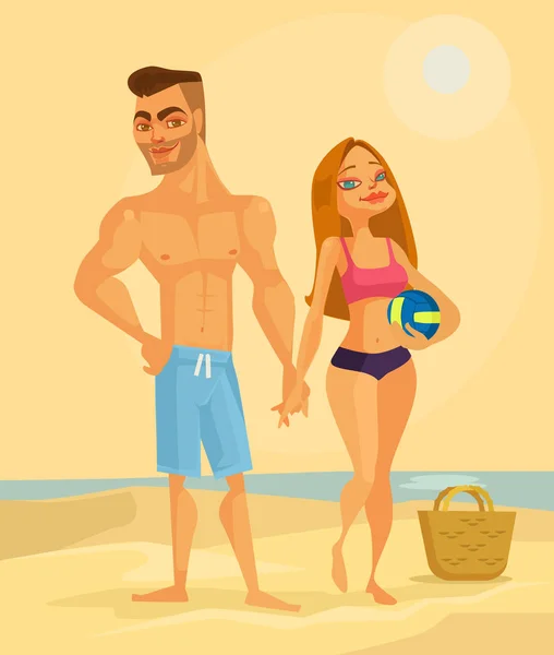 Couple of lovers characters on the beach. Vector flat cartoon illustration — Stock Vector