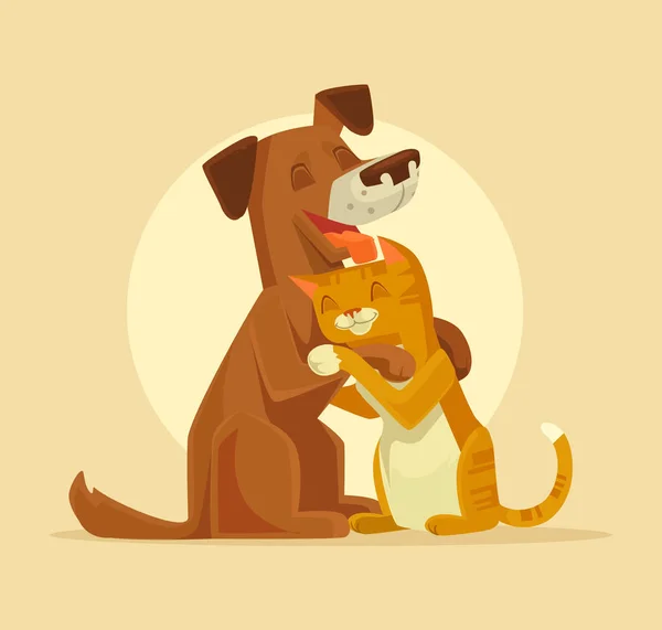 Γάτας και σκύλου χαρακτήρες καλύτεροι φίλοι ευτυχισμένη. Επίπεδη καρτούν εικονογράφηση φορέα — Διανυσματικό Αρχείο