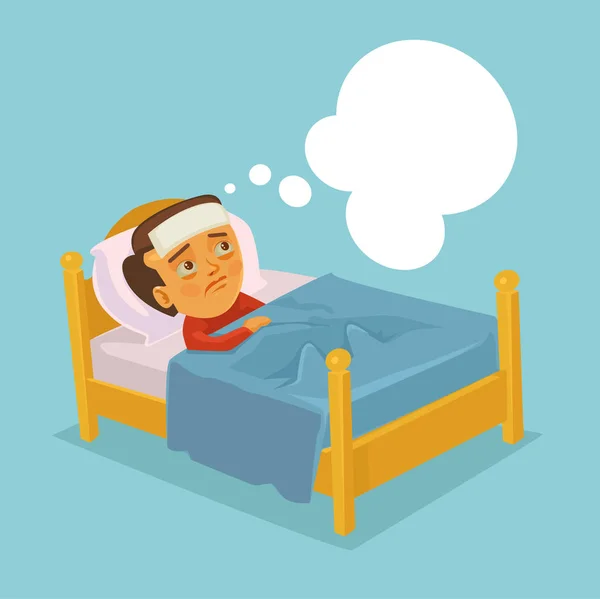 Personagem de homem com gripe fria e deitado na cama. Ilustração de desenho animado plano vetorial — Vetor de Stock