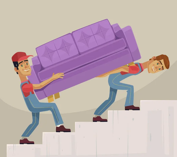 Två loader män tecken mover soffa. Flat tecknad vektorillustration — Stock vektor