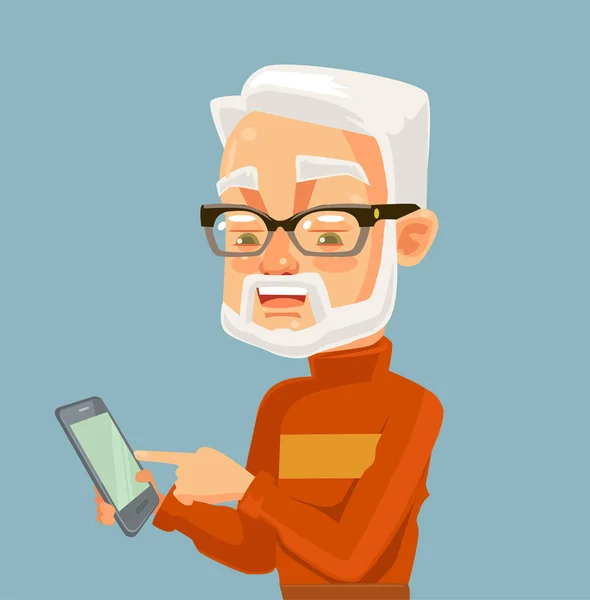 Hombre de edad avanzada personaje mirando en el teléfono inteligente y mecanografía de masaje. Tecnologías modernas. Vector plano ilustración de dibujos animados — Archivo Imágenes Vectoriales