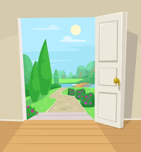 Porte ouverte sur jardin. Illustration vectorielle de dessin animé — Image vectorielle