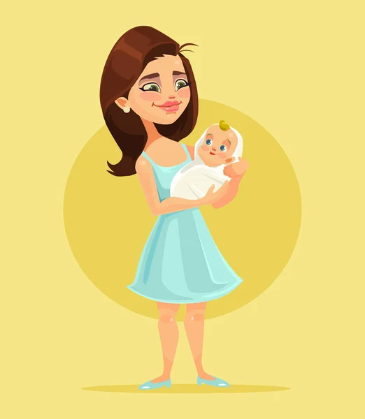 El personaje materno sostiene a un niño pequeño en las manos. Vector plano ilustración de dibujos animados — Vector de stock