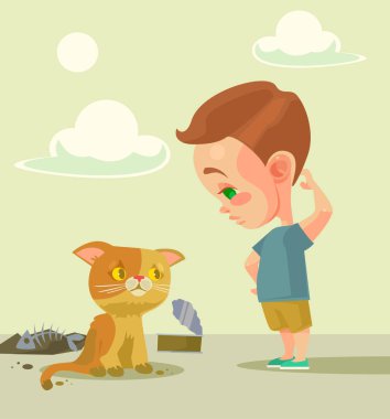 Küçük çocuk ve evsiz kedi. Vektör düz çizgi film illüstrasyon