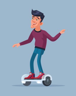 Adam karakter Hoverboard üzerinde sürme. Vektör düz çizgi film illüstrasyon