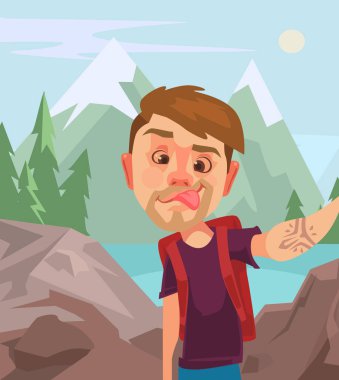 Adam turist karakter selfie fotoğrafta akıllı telefon. Vektör düz çizgi film illüstrasyon