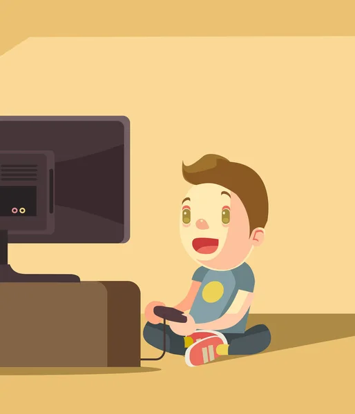 Pequeño personaje de niño jugando videojuego. Vector plano ilustración de dibujos animados — Archivo Imágenes Vectoriales