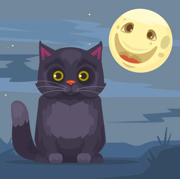 Gato negro y personajes de la luna. Vector plano ilustración de dibujos animados — Vector de stock